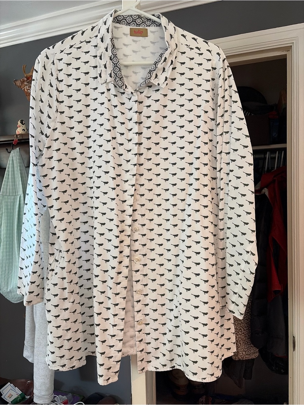 White Button-Up Shirt with Black Bird Print